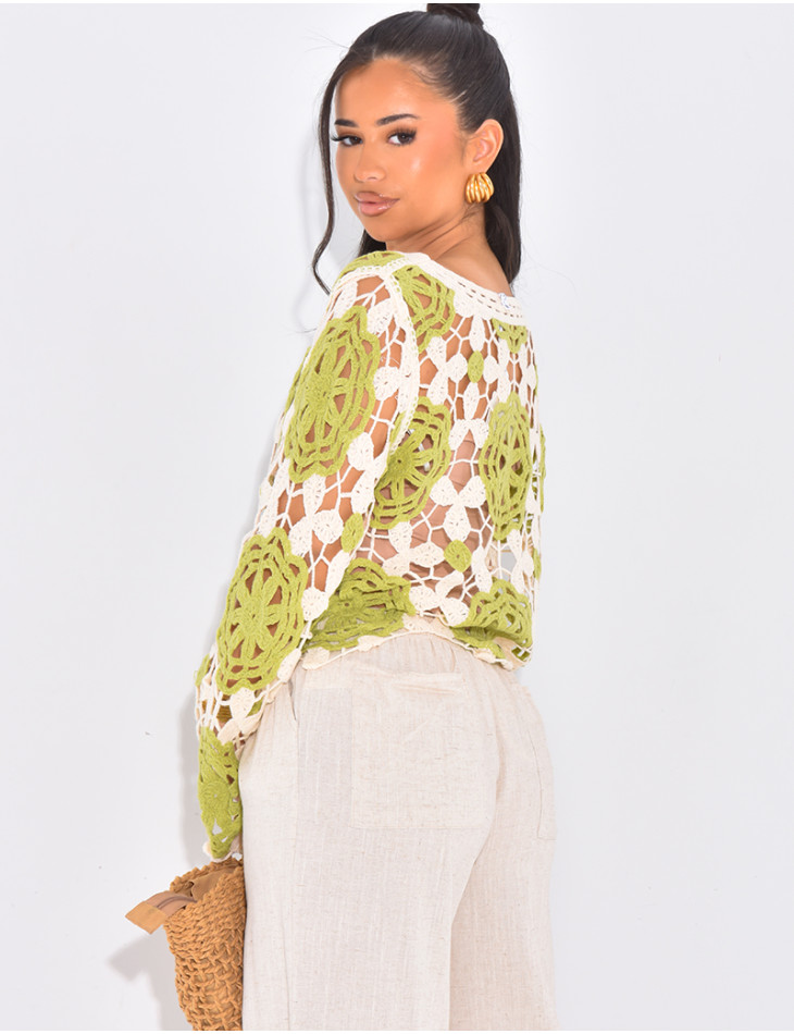 Pull court en crochet ajouré