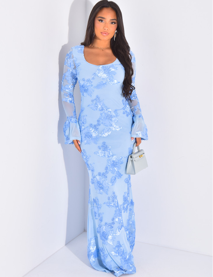Kleid mit langen Ärmeln Rundhalsausschnitt mit Blumenmuster