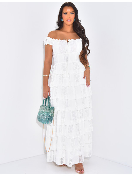 Robe longue épaules dénudées à volants en dentelle