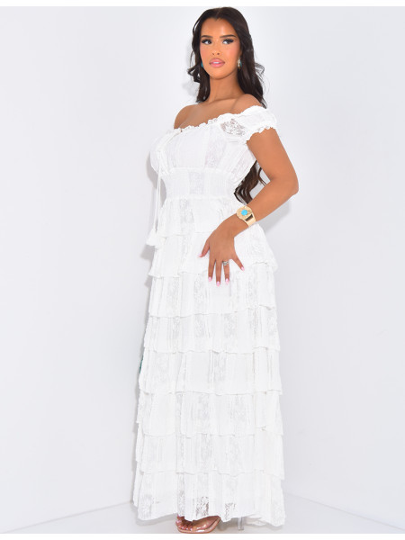 Robe longue épaules dénudées à volants en dentelle