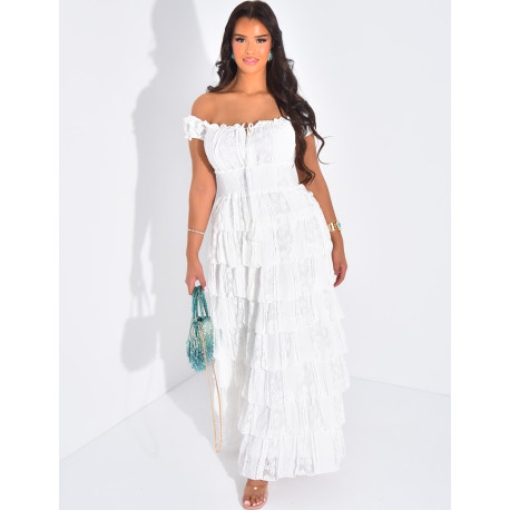 Robe longue épaules dénudées à volants en dentelle