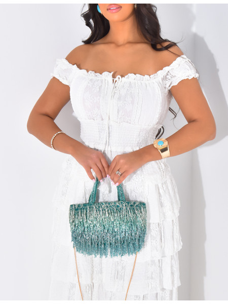 Robe longue épaules dénudées à volants en dentelle