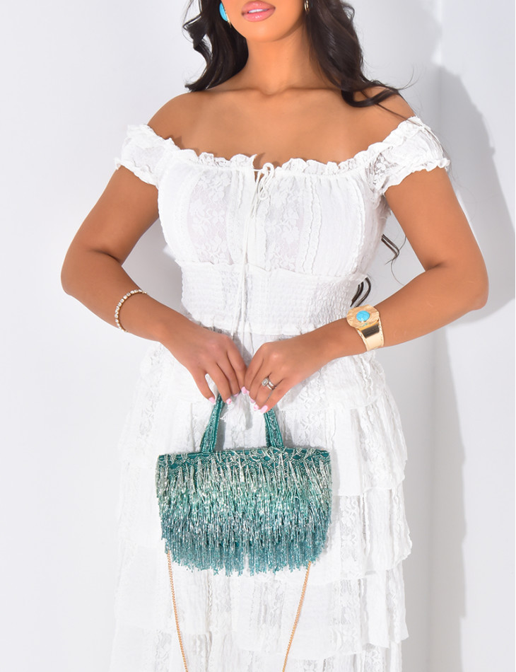 Robe longue épaules dénudées à volants en dentelle