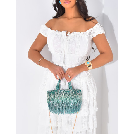 Robe longue épaules dénudées à volants en dentelle