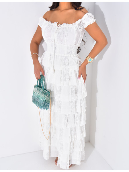 Robe longue épaules dénudées à volants en dentelle