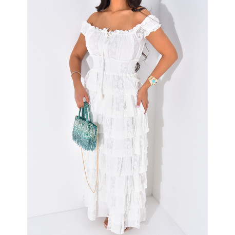 Robe longue épaules dénudées à volants en dentelle