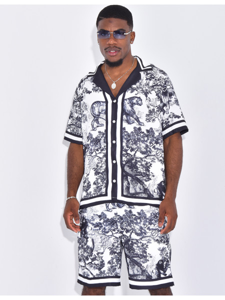 Ensemble short et chemise à motifs paysage