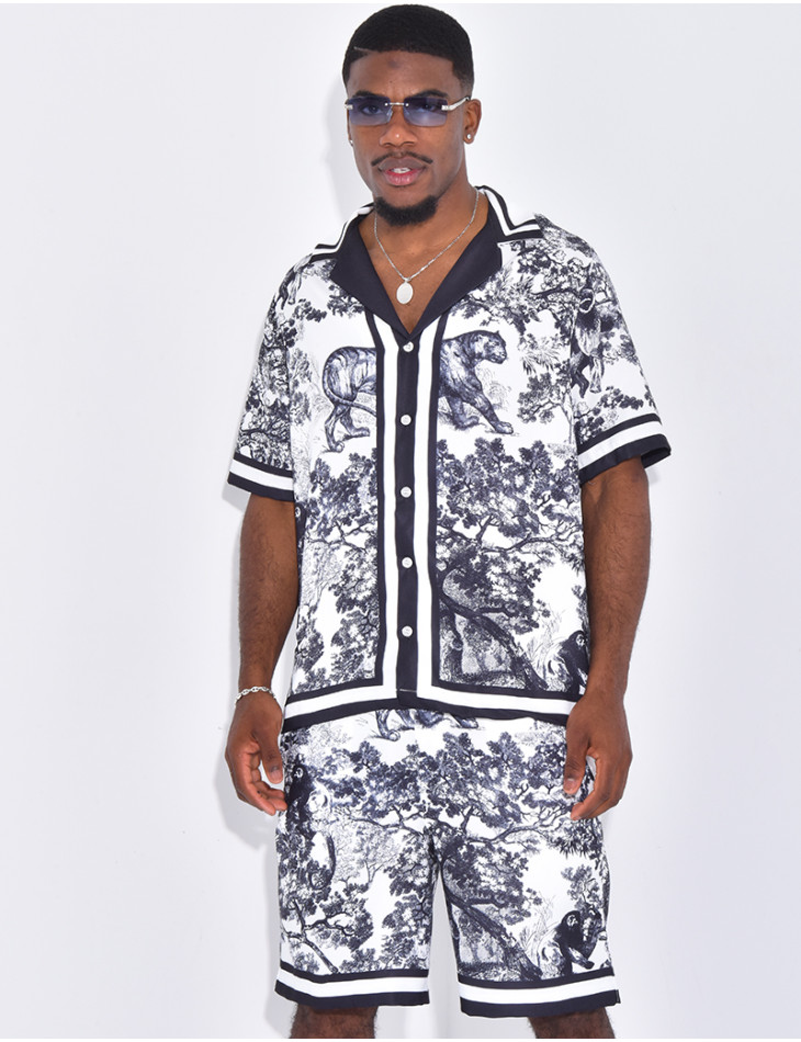 Ensemble short et chemise à motifs paysage