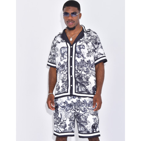 Ensemble short et chemise à motifs paysage