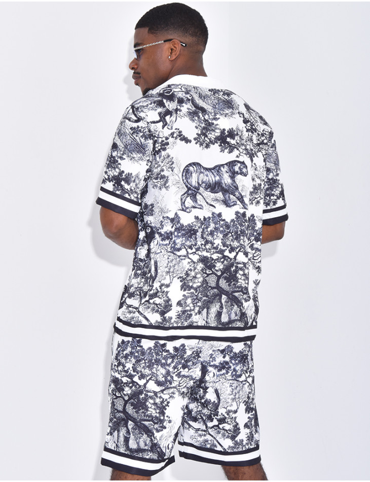 Ensemble short et chemise à motifs paysage