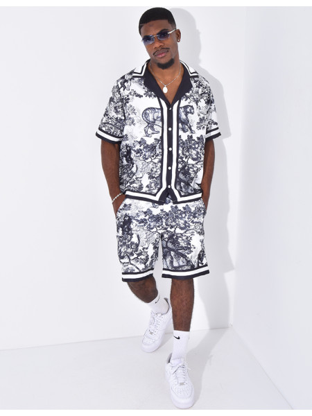 Ensemble short et chemise à motifs paysage