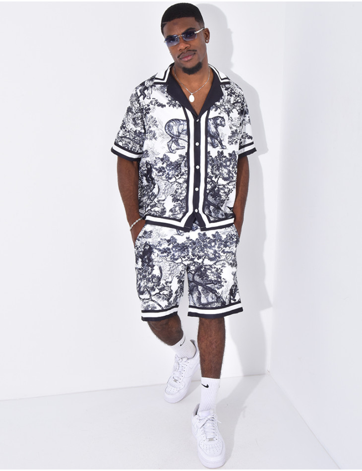 Ensemble short et chemise à motifs paysage