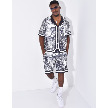 Ensemble short et chemise à motifs paysage