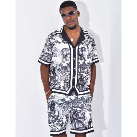 Ensemble short et chemise à motifs paysage