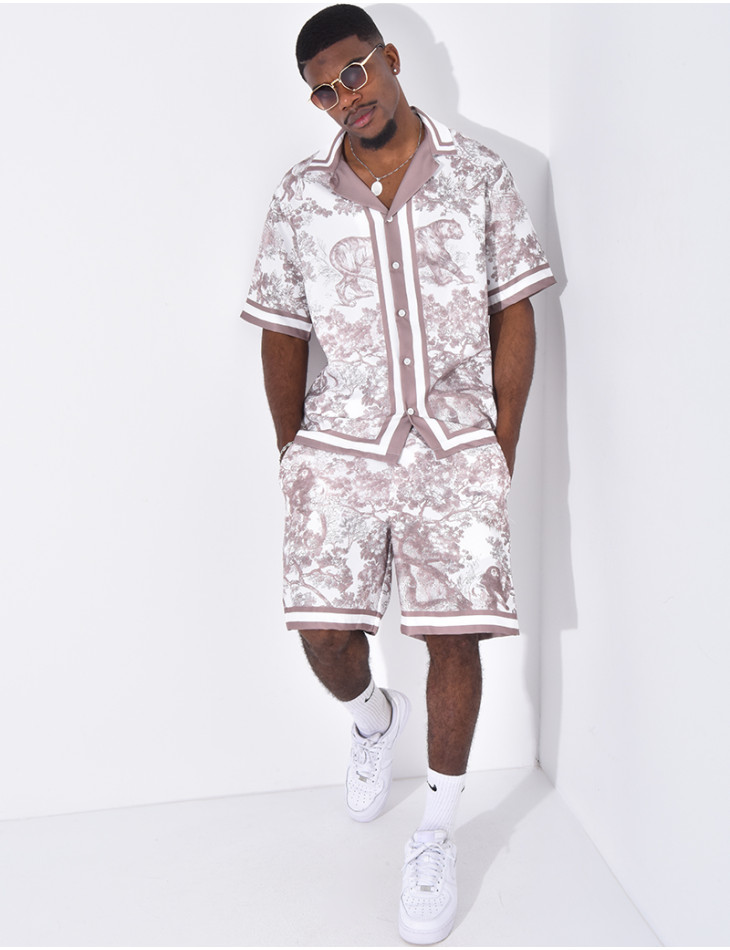 Ensemble short et chemise à motifs paysage