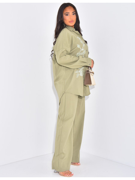 Ensemble pantalon et chemise à fleurs en perles & sequins