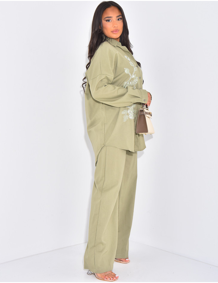 Ensemble pantalon et chemise à fleurs en perles & sequins