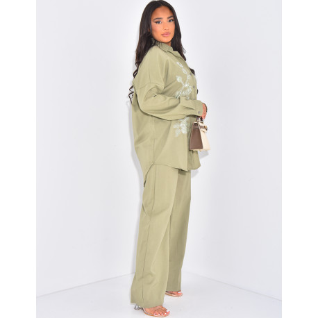 Ensemble pantalon et chemise à fleurs en perles & sequins