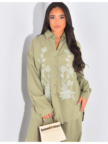 Ensemble pantalon et chemise à fleurs en perles & sequins