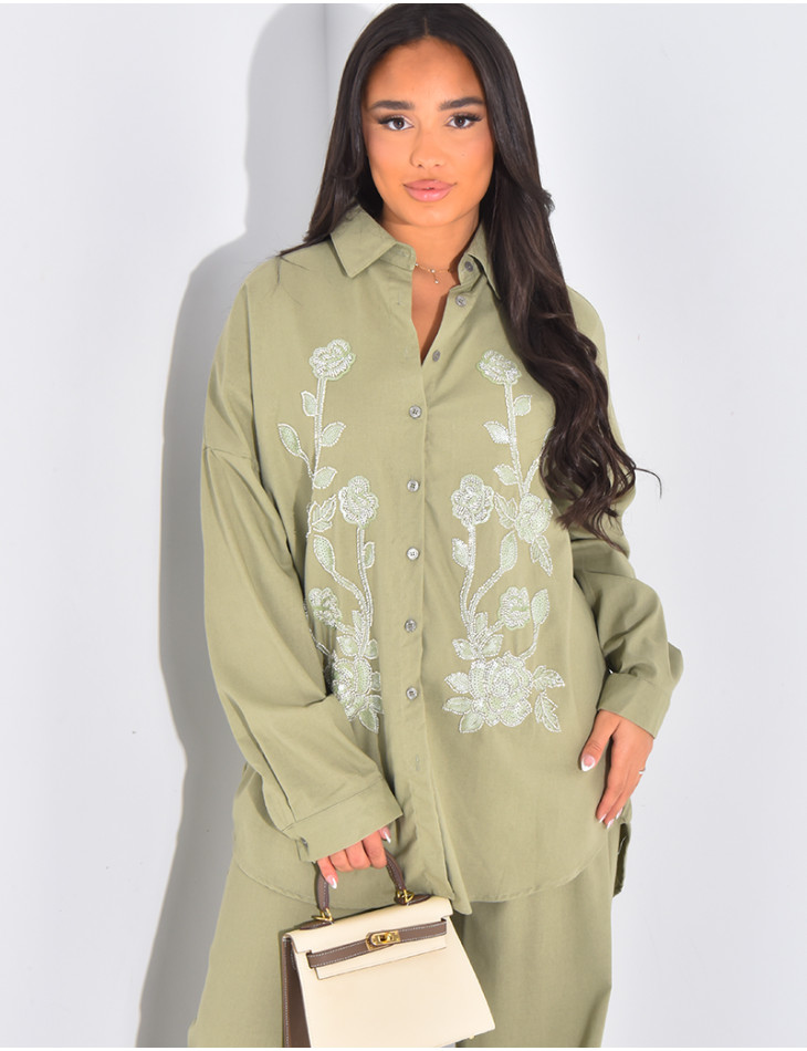 Ensemble pantalon et chemise à fleurs en perles & sequins