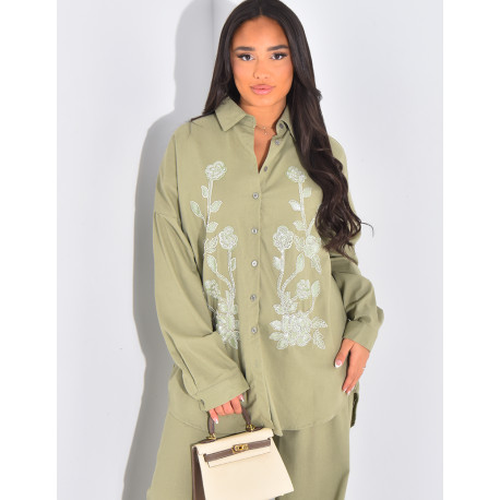 Ensemble pantalon et chemise à fleurs en perles & sequins