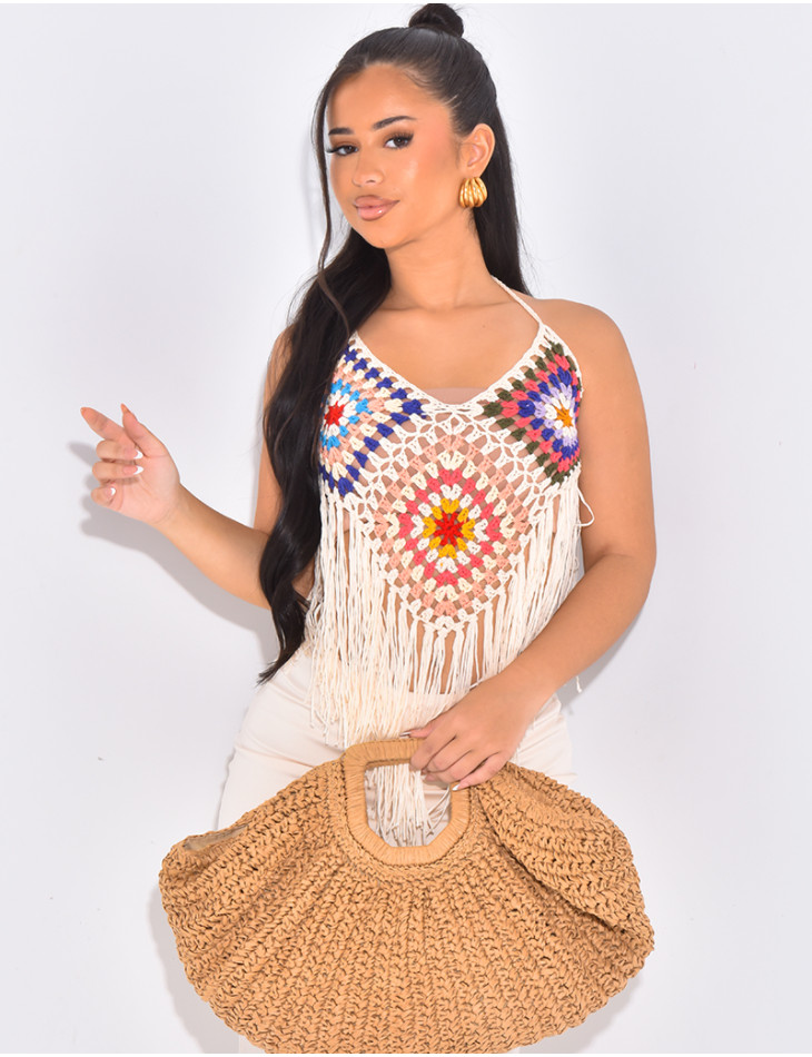 Croptop en crochet multicolore à franges