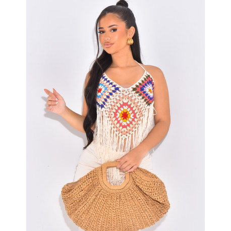 Croptop en crochet multicolore à franges