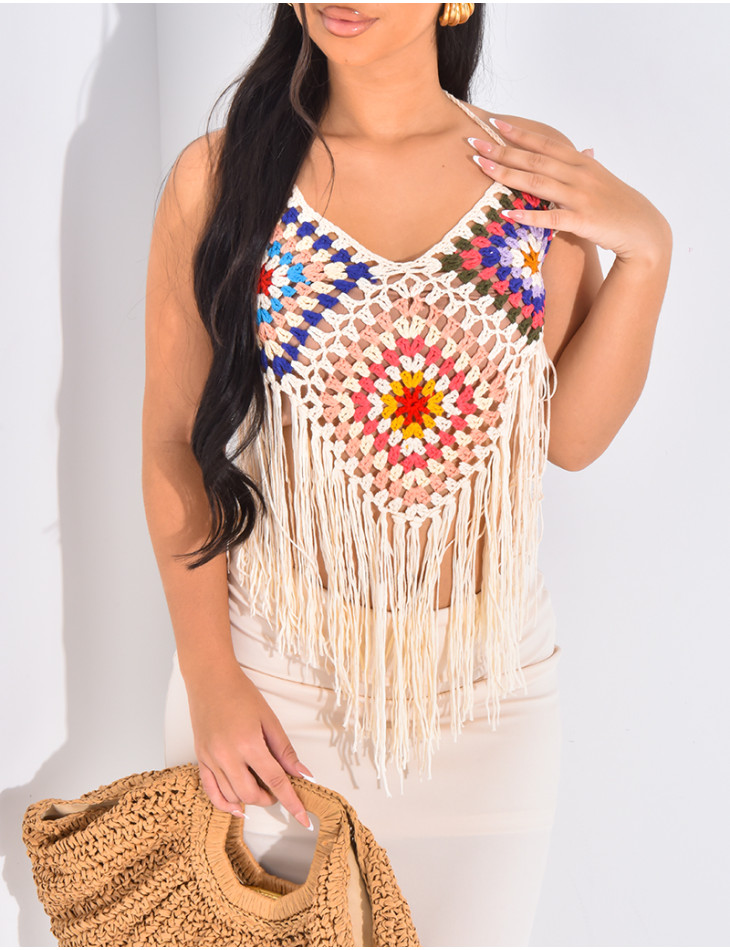 Croptop en crochet multicolore à franges