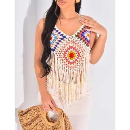 Croptop en crochet multicolore à franges