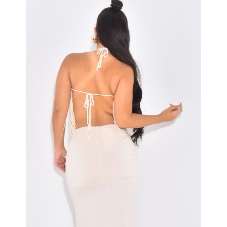 Croptop en crochet multicolore à franges