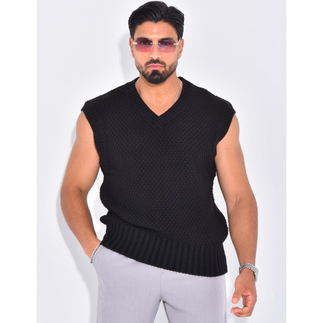 T-shirt sans manches & col V en maille