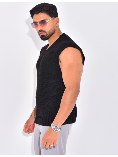 T-shirt sans manches & col V en maille