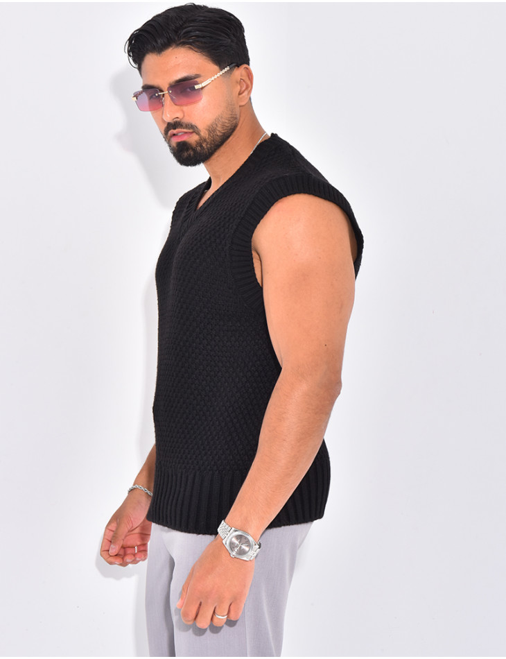 T-shirt sans manches & col V en maille