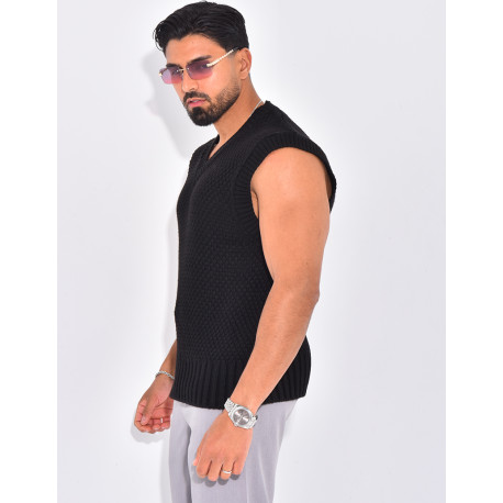 T-shirt sans manches & col V en maille