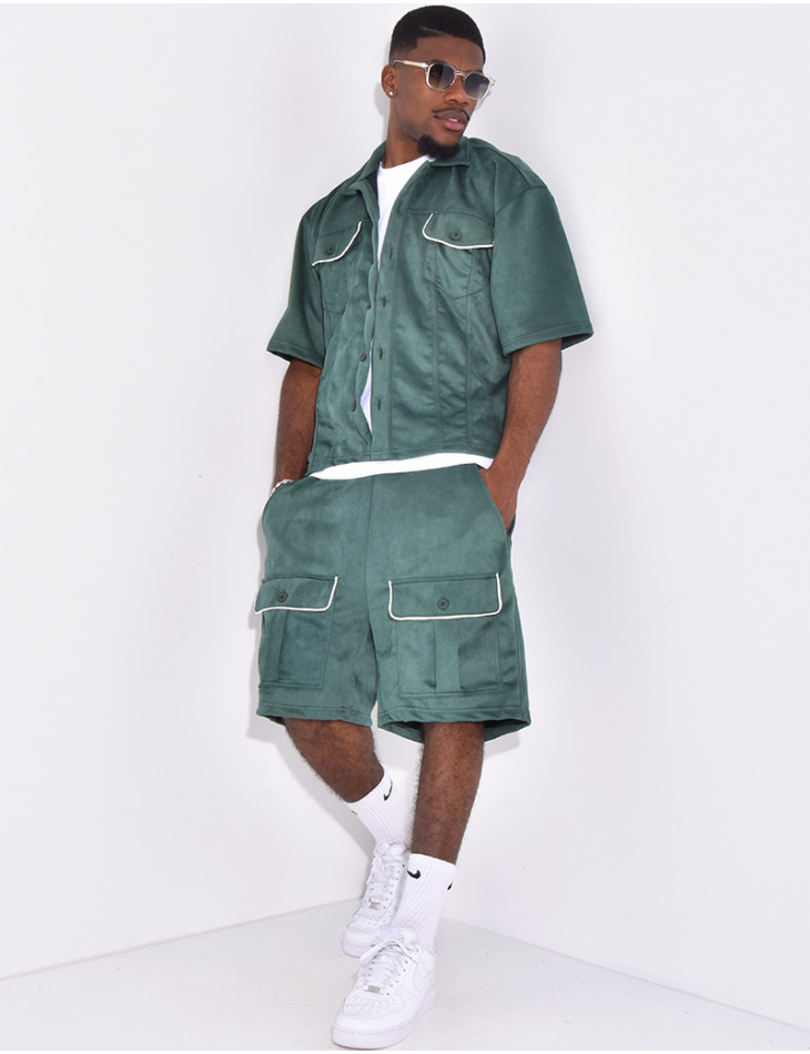 Ensemble short et chemise à poches en suédine
