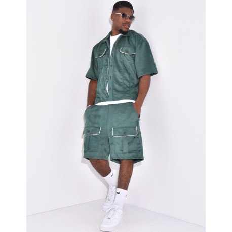 Ensemble short et chemise à poches en suédine