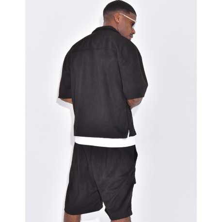 Ensemble short et chemise à poches en suédine
