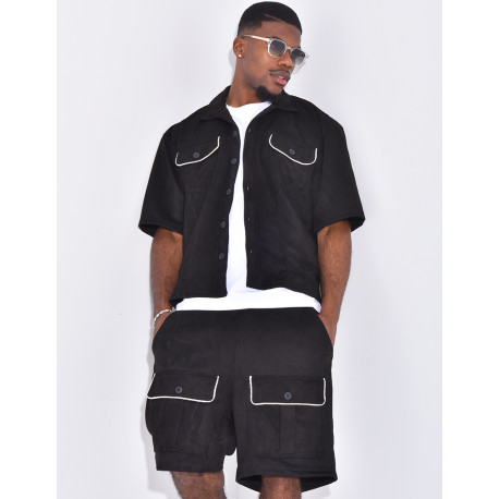 Ensemble short et chemise à poches en suédine
