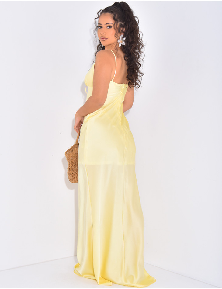 Long, flowing satin tie dress