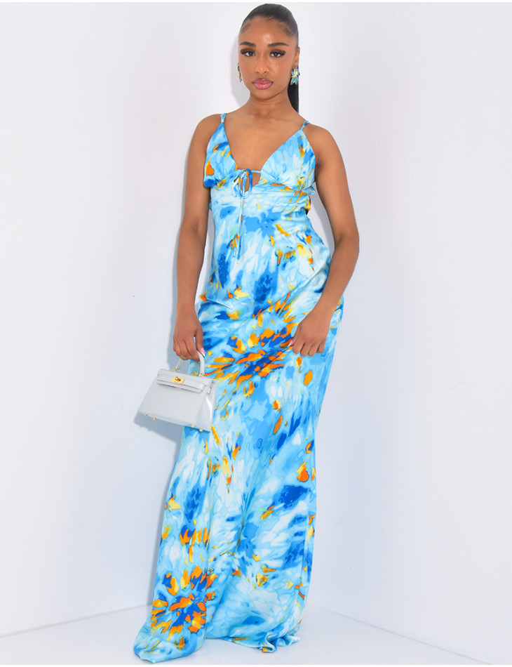 Robe longue en satin imprimé à nouer