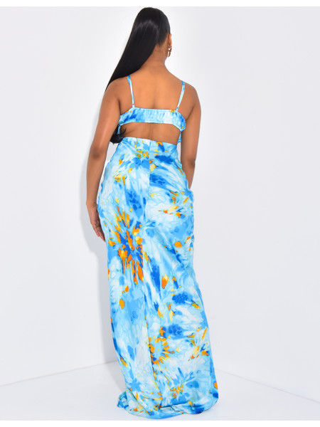 Robe longue en satin imprimé à nouer