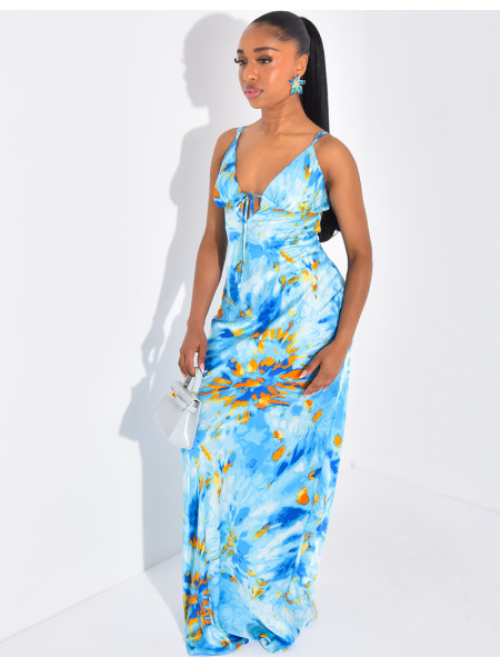 Robe longue en satin imprimé à nouer