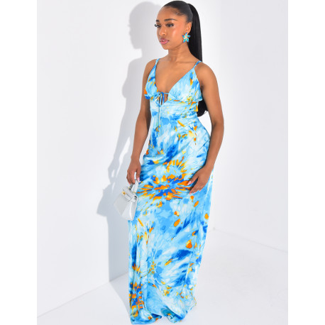 Robe longue en satin imprimé à nouer