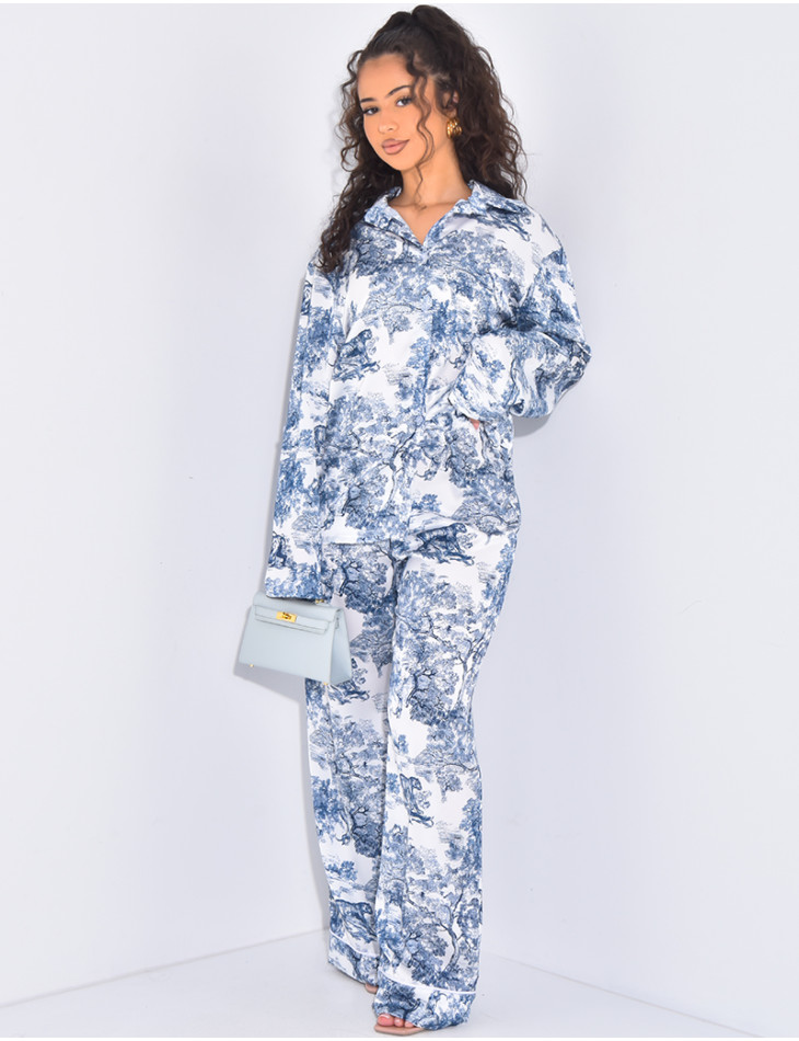 Blue patterned satin pants and shirt set