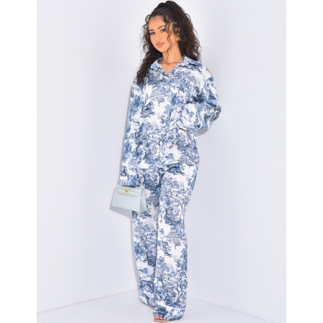 Blue patterned satin pants and shirt set