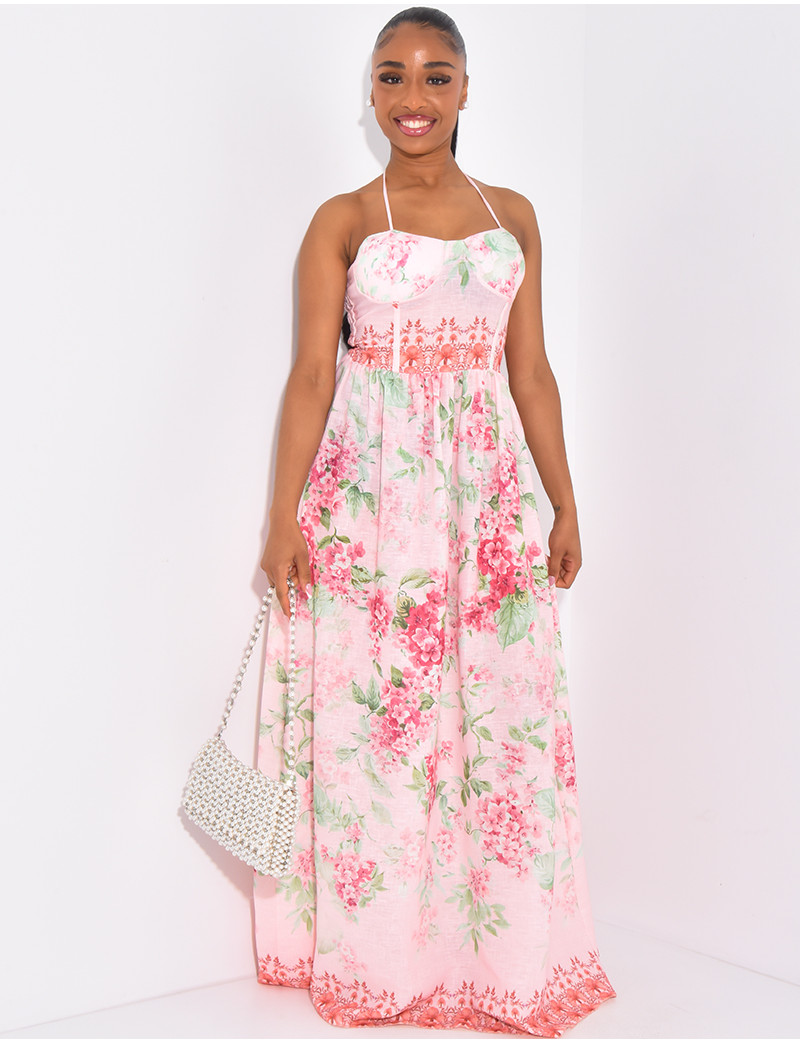 Fly Music En Robe Robe longue corset en coton à fleurs imprimées