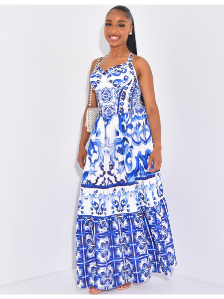 Langes Korsagenkleid mit blauem Musterdruck