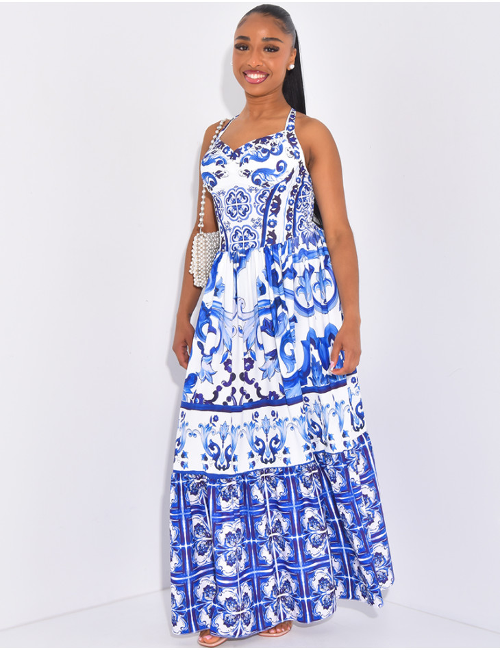 Langes Korsagenkleid mit blauem Musterdruck