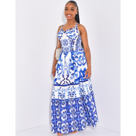 Langes Korsagenkleid mit blauem Musterdruck