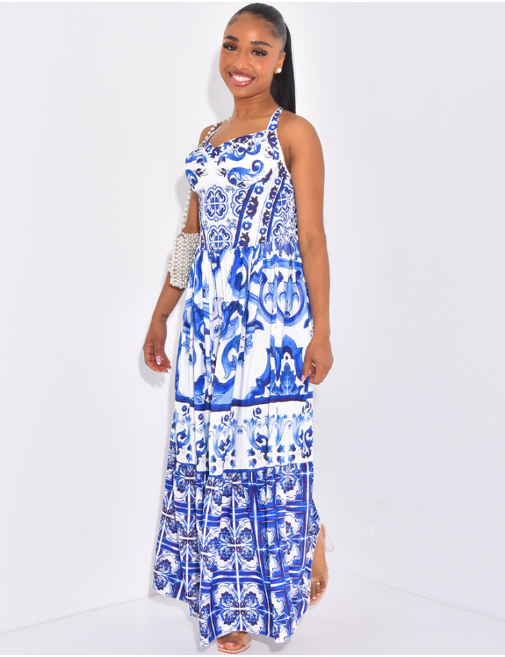 Langes Korsagenkleid mit blauem Musterdruck